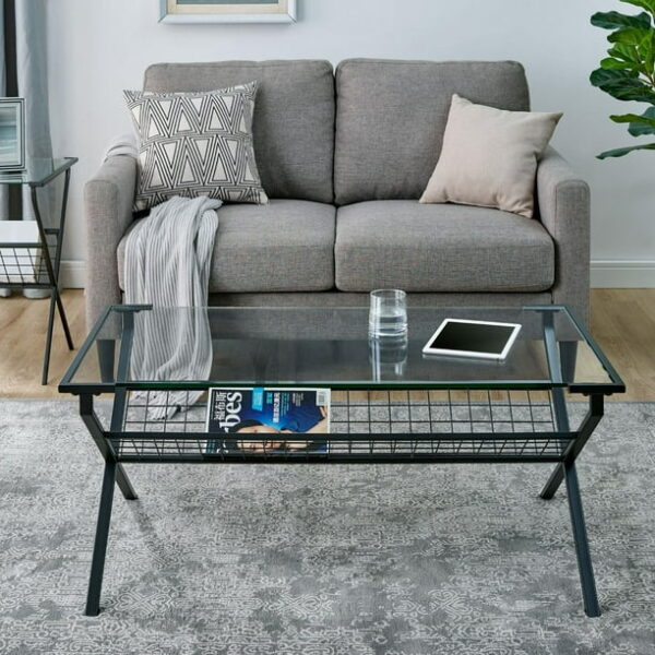 Walker Edison 42" Modern Metal & Glass Coffee Table With Magazine Holder - Black