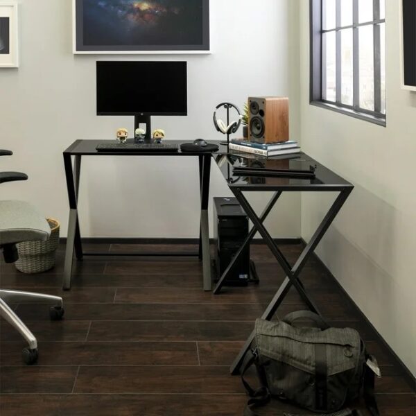 Walker Edison Glass and Metal X-Frame Corner Computer Desk, Black - Image 4
