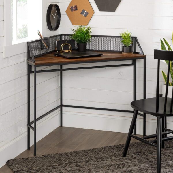 Walker Edison Industrial Corner Laptop Computer Writing Desk 42inch-Dark Walnut