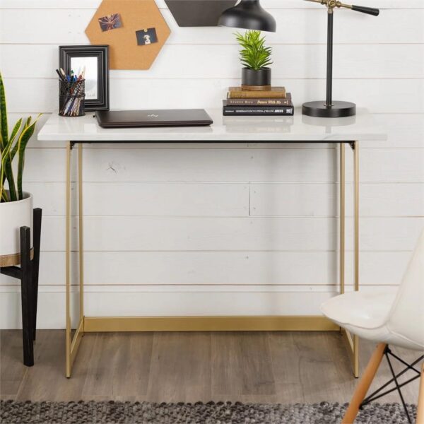 Walker Edison Modern Faux Marble Computer Desk - White Marble & Gold - 42 Inch - Image 3