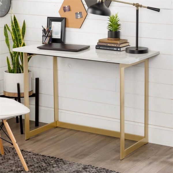 Walker Edison Modern Faux Marble Computer Desk - White Marble & Gold - 42 Inch