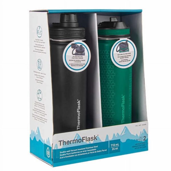 Thermoflask Stainless Steel Insulated Water Bottles - 24oz x 2-pack - Green & Black