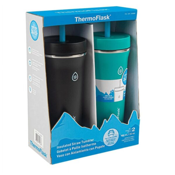 Thermoflask 32oz Insulated Standard Straw Tumbler, 2-Pack (Black and Green) - Image 3