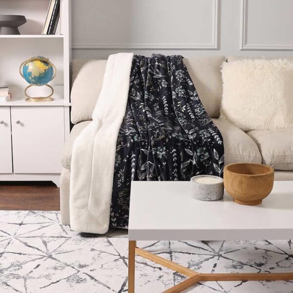 Life Comfort Faux Fur Reversible Throw Blanket - Navy Blue Floral 60in x 70in - Image 4