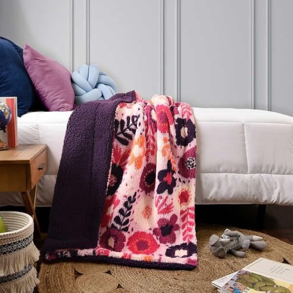Life Comfort Sherpa Fleece Kids Blanket - Pink And Purple Floral - Image 3