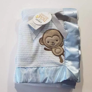 Blue And White Striped Brown Monkey Satin Baby Blanket