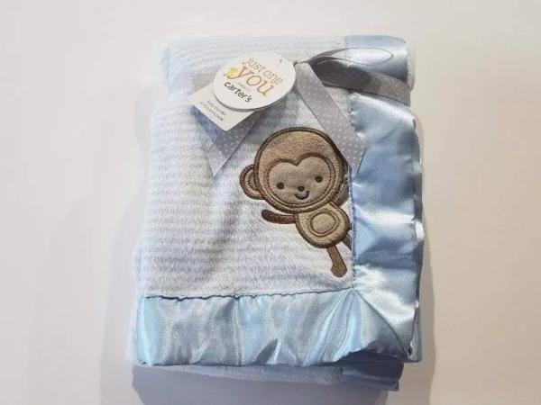 Blue And White Striped Brown Monkey Satin Baby Blanket