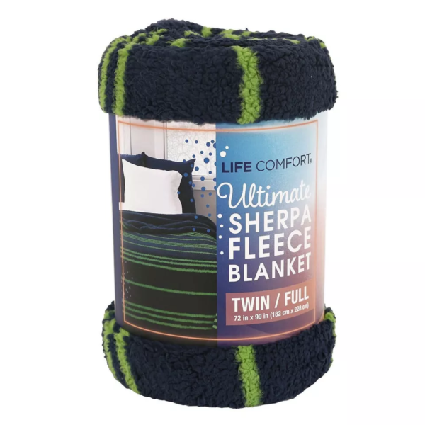 Life Comfort Sherpa Fleece Kids Blanket - Green Stripe - Image 4