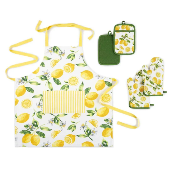 Martha Stewart 5 Piece Kitchen Set, 2 Mitts, 2 Pot Holders, 1 Apron (Lemon)