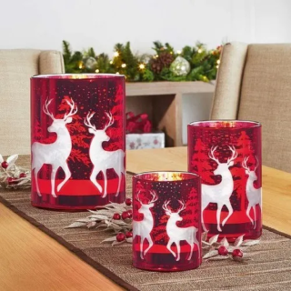 Kirkland 3 Glass Candle Holders With Reindeer Image