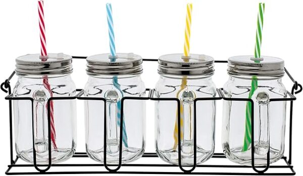 Prima 4pc Vintage Glass Mason Jar Set With Metal Stand - Image 4