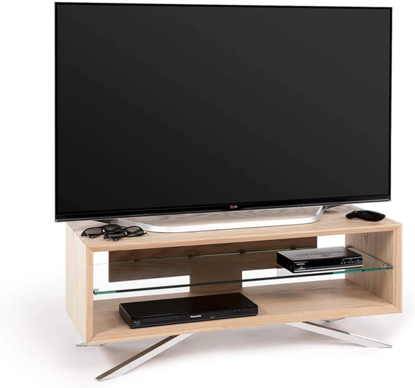 Light Wood Clear Glass Chrome Entertainment Center & TV Stand - Beige