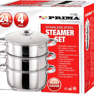 Prima 24cm 3-Tier Steamer With Glass Lid - 4pc