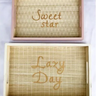 Wooden Serving Tray With Handles - White & Pink- Set Of 2