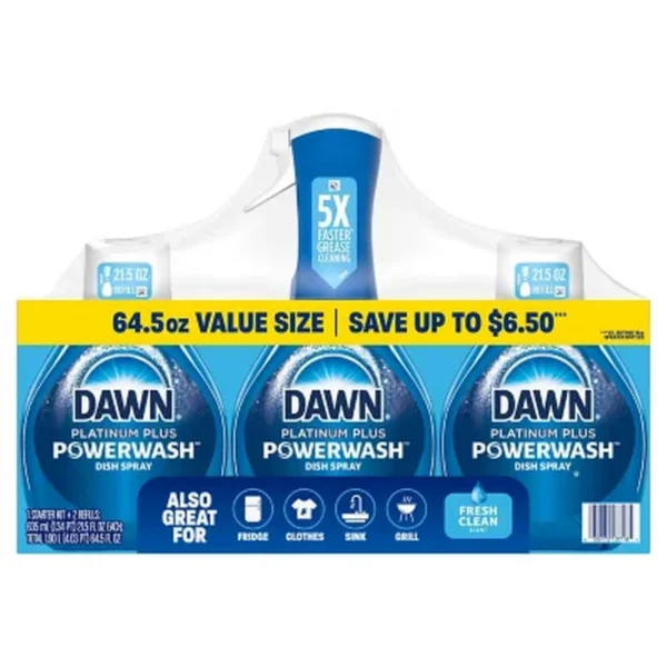 Dawn Platinum plus Powerwash Dish Spray Bottle Set, Fresh Scent, 1 Spray Bottle + 2 Refills, 64.5 Fl. Oz.