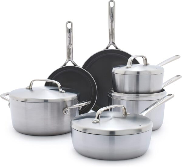 GreenPan GP5 10-Piece Stainless Steel Cookware Set – 5-Ply Nonstick Ceramic Pots & Pans (PFAS-Free, Induction Ready, Oven & Dishwasher Safe)