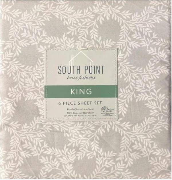 South Point Home Fashions Microfiber 6 Pcs Sheet Set, King Size - Michelle Leaves Grey