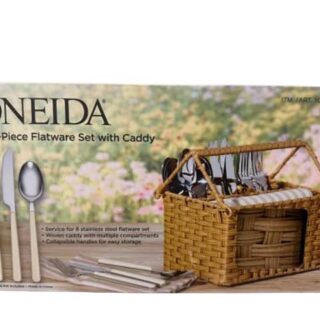 Oneida 24-Piece Stainless Steel Flatware Set with Woven Caddy - Brown