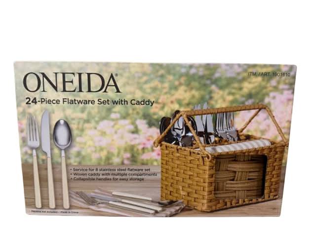 Oneida 24-Piece Stainless Steel Flatware Set with Woven Caddy - Brown
