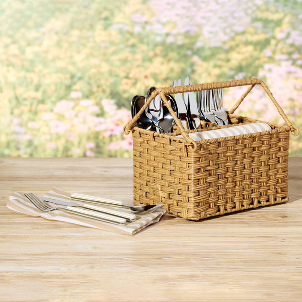Oneida 24-Piece Stainless Steel Flatware Set with Woven Caddy - Brown - Image 2