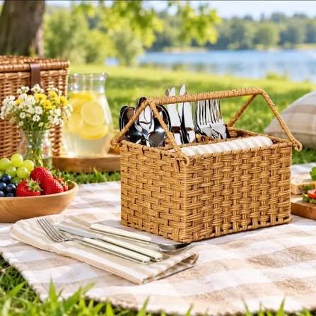 Oneida 24-Piece Stainless Steel Flatware Set with Woven Caddy - Brown - Image 3