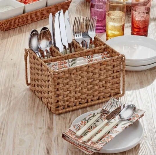 Oneida 24-Piece Stainless Steel Flatware Set with Woven Caddy - Brown - Image 6