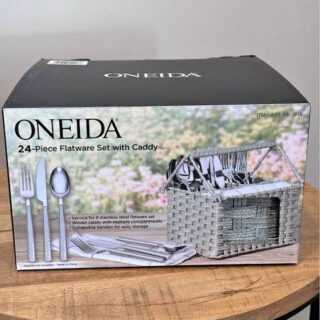 Oneida 24-Piece Stainless Steel Flatware Set with Woven Caddy - Grey