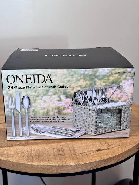 Oneida 24-Piece Stainless Steel Flatware Set with Woven Caddy - Grey