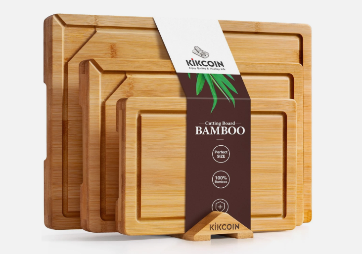 Kikcoin Organic Bamboo Cutting Board with Juice Groove - Heavy Duty Chopping Board