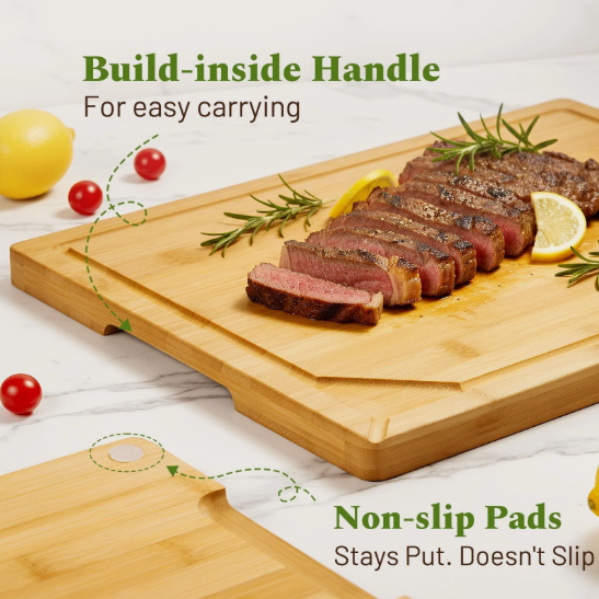 Kikcoin Organic Bamboo Cutting Board with Juice Groove - Heavy Duty Chopping Board - Image 2