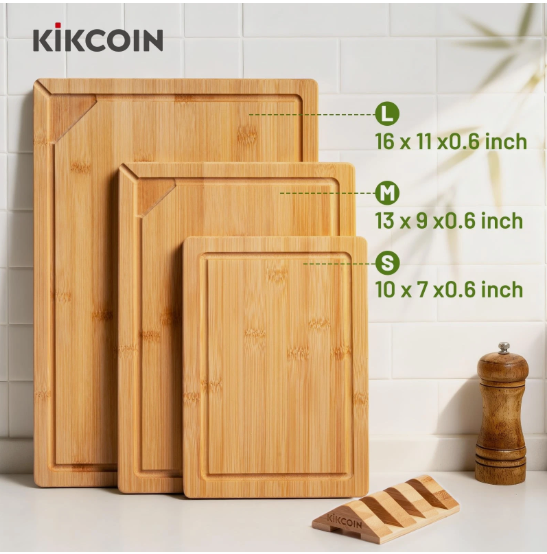 Kikcoin Organic Bamboo Cutting Board with Juice Groove - Heavy Duty Chopping Board - Image 3