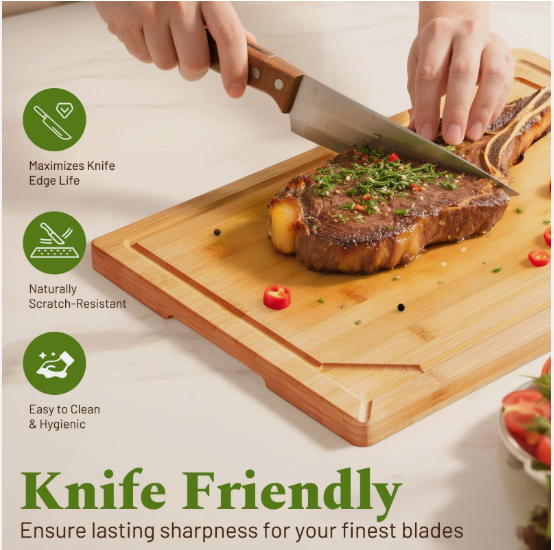 Kikcoin Organic Bamboo Cutting Board with Juice Groove - Heavy Duty Chopping Board - Image 4